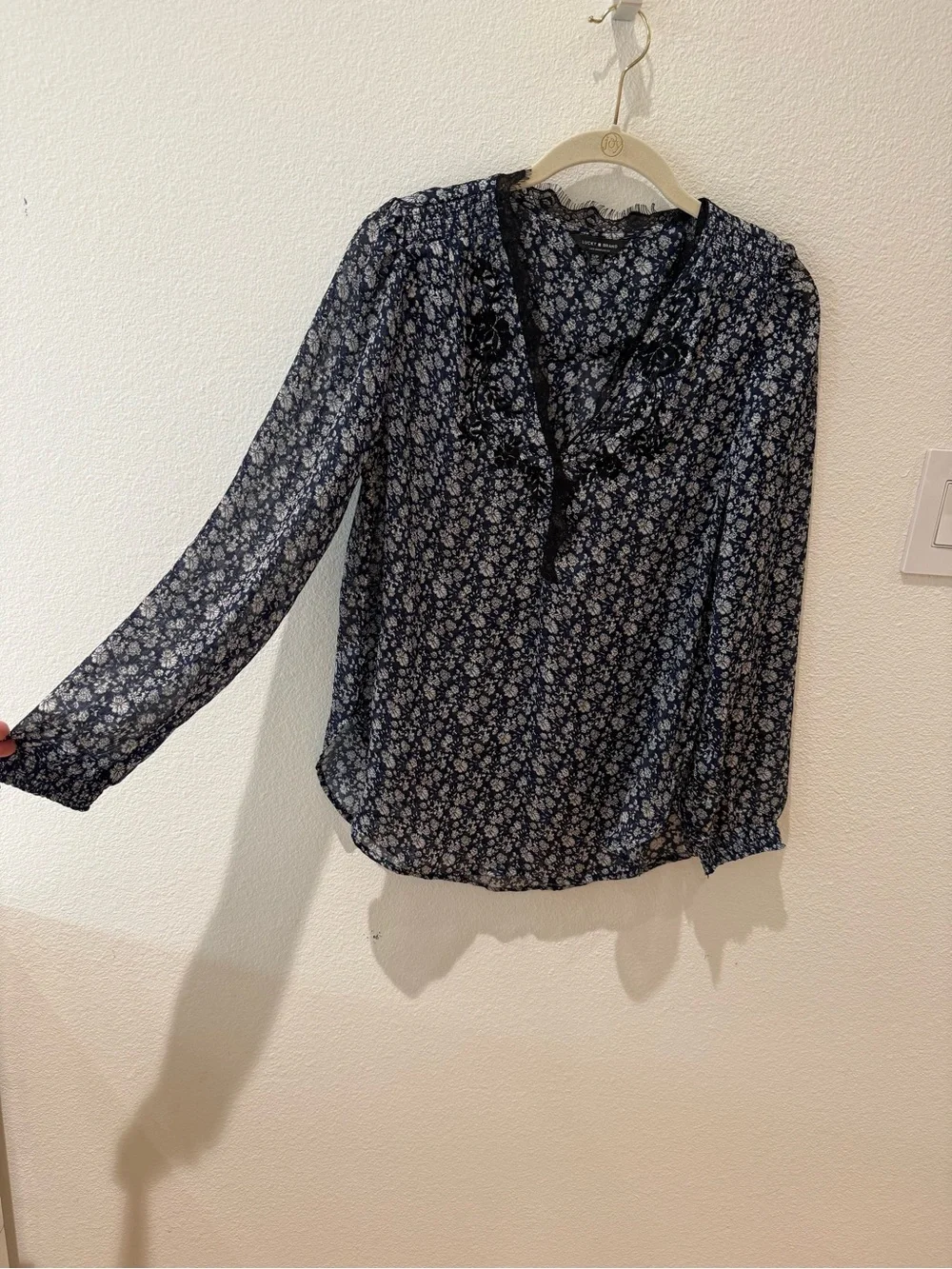 Lucky Brand Navy and White Floral V-Neck Blouse